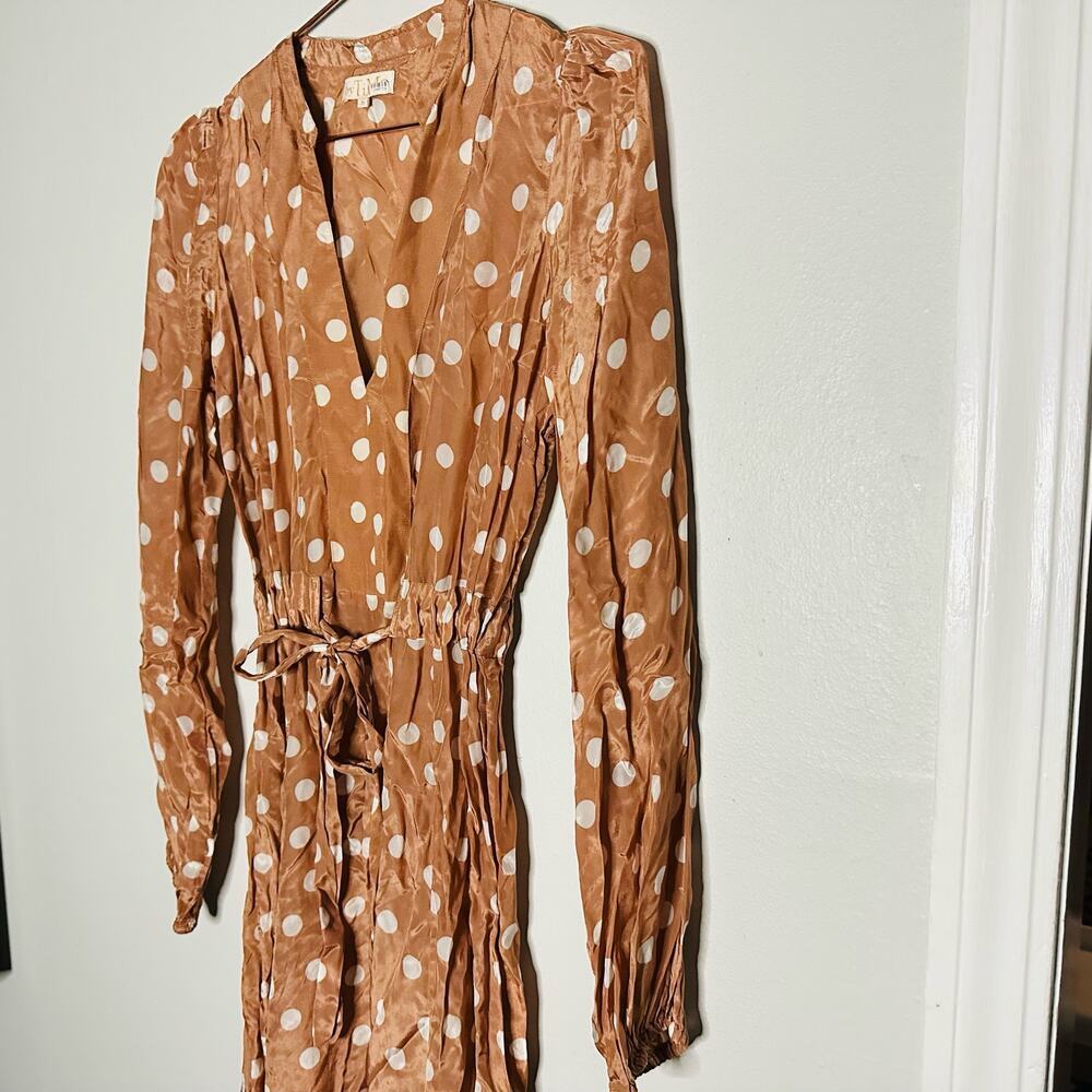 byTiMo Polka Dot Tan White Hourglass V-Neckline Long Sleeve Midi Dress Size S - Picture 10 of 13